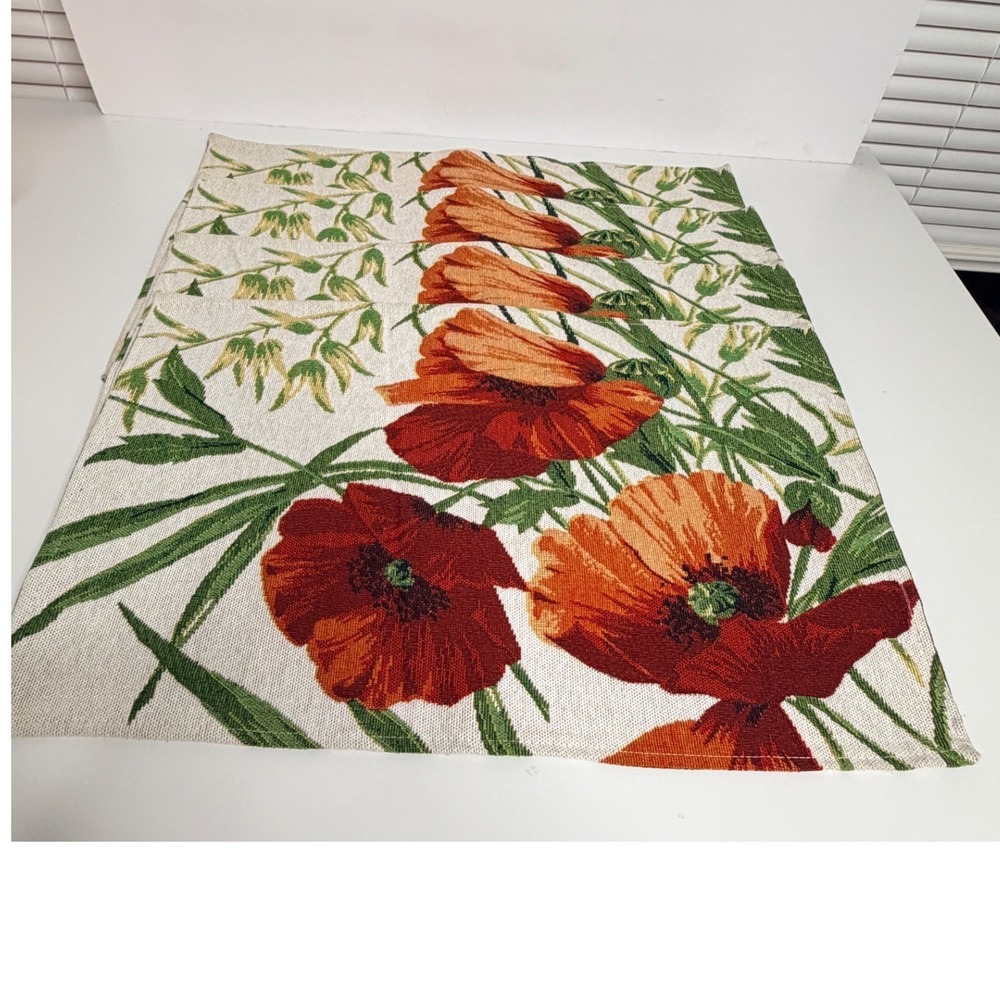 Set of 4 Floral Poppy Tapestry Placemats Red Orange Woven Botanical Table Mats